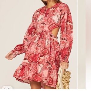 CHUFY Hari Organic Cotton Pink Red Open Back Boho Long Sleeve Mini Dress XS